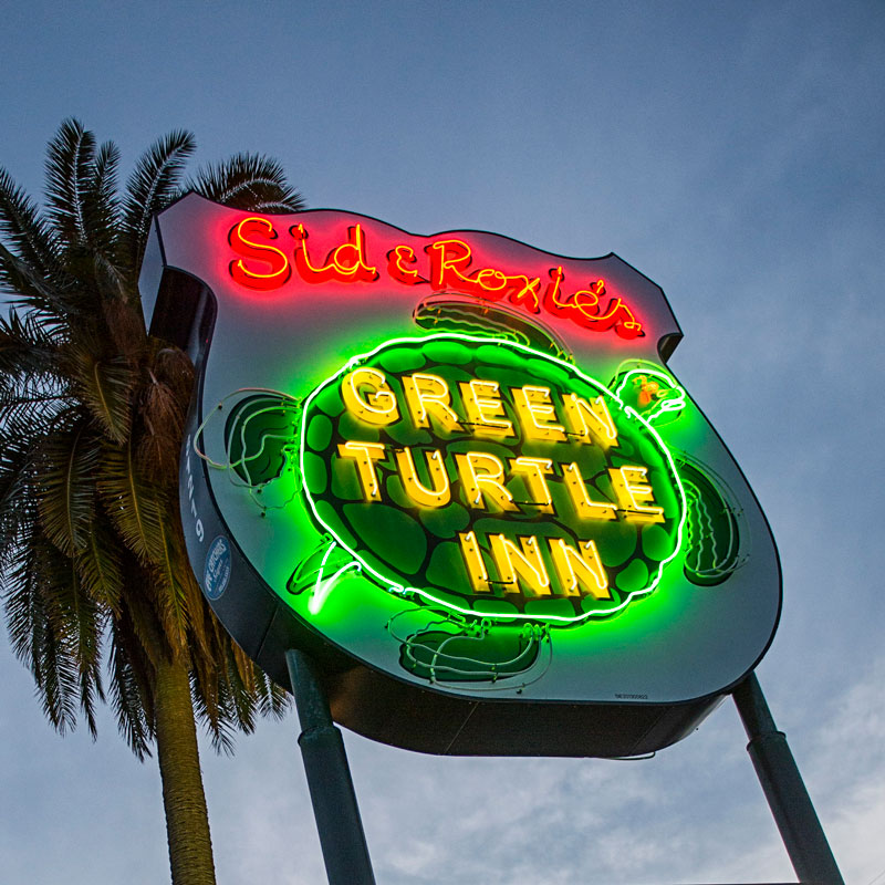 Signage outside Green Turtle Inn with palm tree at dusk